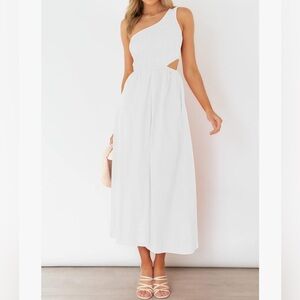 Sleeveless One Shoulder Smocked Cutout Maxi Dress - White - Large
